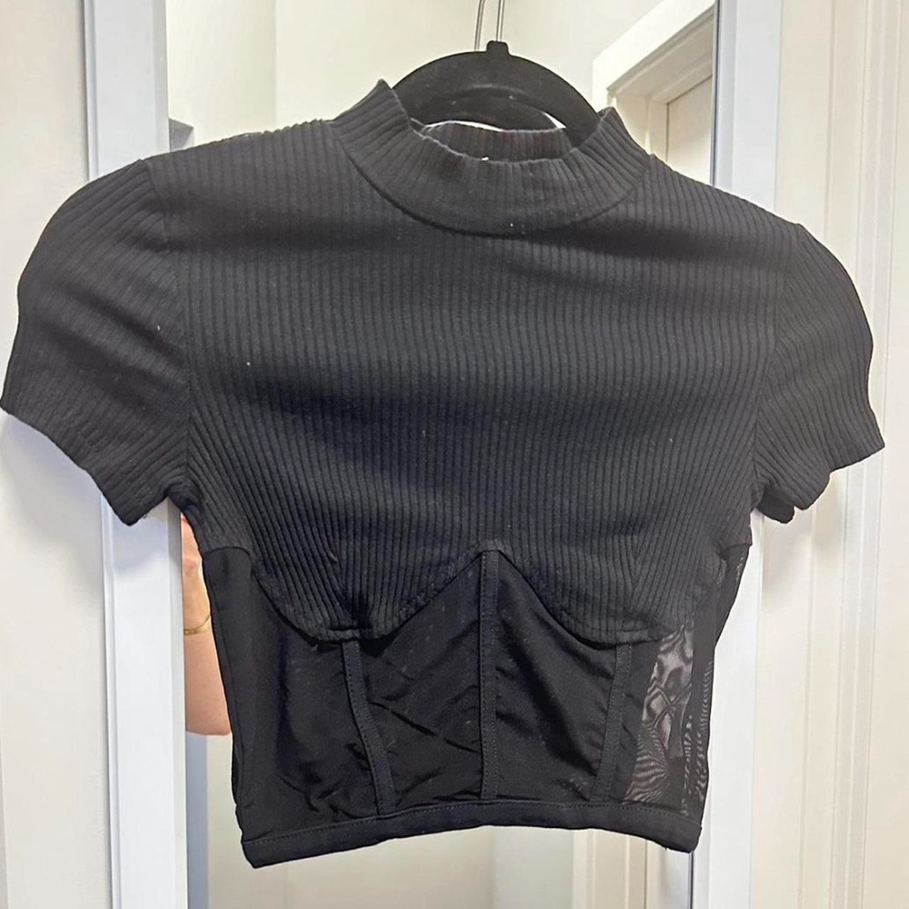 Cute black going out crop top with mesh bustier-like bottom!